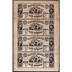 Uncut Sheet of $5 Canal Bank New Orleans Obsolete Notes