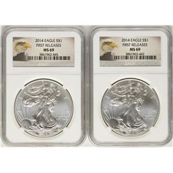 Lot of (2) 2014 $1 American Silver Eagle Coins NGC MS69 First Releases