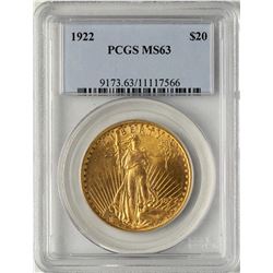 1922 $20 St. Gaudens Double Eagle Gold Coin PCGS MS63