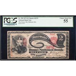 1875 $2 Lazy Deuce Milford, MA National Currency Note PCGS Choice About New 55