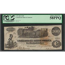 1862 $100 Confederate States of America Note T-39 PCGS About New 58PPQ