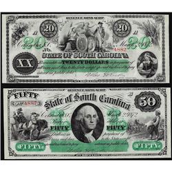 Lot of 1872 $20 & $50 State of South Carolina Revenue Bond Obsolete Note