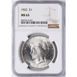 1922 $1 Peace Silver Dollar Coin NGC MS63