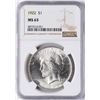 Image 1 : 1922 $1 Peace Silver Dollar Coin NGC MS63