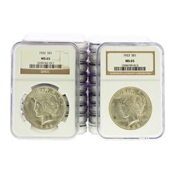 Lot of (10) 1922 & (10) 1923 $1 Peace Silver Dollar Coins NGC MS65