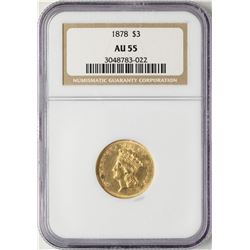 1878 $3 Indian Princess Head Gold Coin NGC AU55