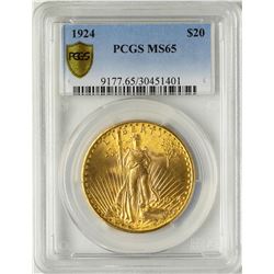 1924 $20 St. Gaudens Double Eagle Gold Coin PCGS MS65