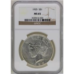 1925 $1 Peace Silver Dollar Coin NGC MS65