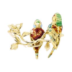 18KT Yellow Gold Enameled Parrot Pin
