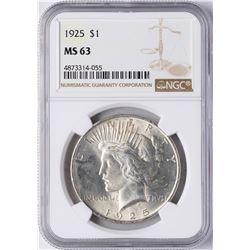 1925 $1 Peace Silver Dollar Coin NGC MS63