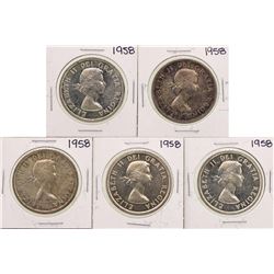 Lot of (5) 1958 Canada $1 Silver Dollar Coins