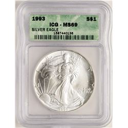 1993 $1 American Silver Eagle Coin ICG MS69