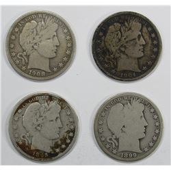 4- BARBER HALF DOLLARS: 1895-S, 1899-O, 1904-O, 19