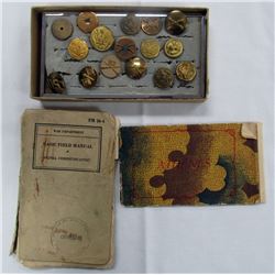 WWII LAPEL INSIGNIA, BUTTONS, & 1940 WAR DEPT FIEL