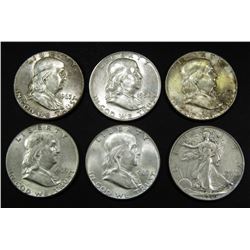 (6) FRANKLIN MIXED HALF DOLLARS AU/BU