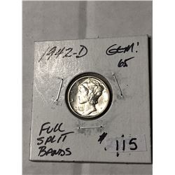 1942 D Full Split Bands GEM65 Mercury Silver Dime High Grade