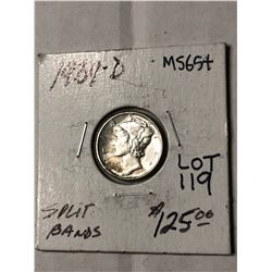1939 D Split Bands MS65 Plus Mercury Silver Dime High Grade