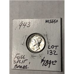 1943 P Full Split Bands MS65 Plus Mercury Silver Dime High Grade