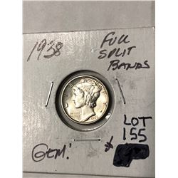 1938 Full Split Bands GEM 65 PLUS Mercury Silver Dime High Grade