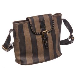 Fendi Brown Coated Canvas Leather Stripe Shoulder Bag