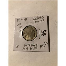 Extremely Rare 1914 D Key Date Buffalo Nickel Good Grade acid wash