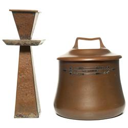 Heintz covered vessel & Arts & Crafts candleholde