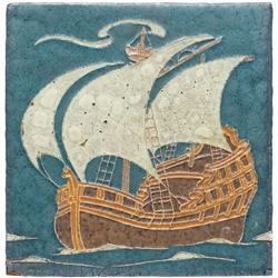 Grueby tile, ship, matt glaze