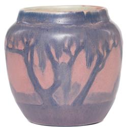 Newcomb vase, carved scenic landscape