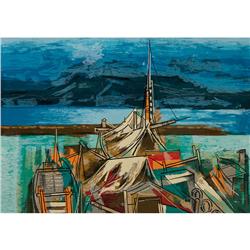Guy MacCoy, Sailboats at Dock, color serigraph 