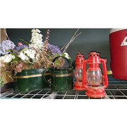 2 RED BIG WHEEL LANTERNS W/ FLOWER ARRANGEMENT IN BIN AND WATERING CAN