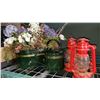 Image 2 : 2 RED BIG WHEEL LANTERNS W/ FLOWER ARRANGEMENT IN BIN AND WATERING CAN