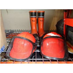 VIKING TIMBERWOLF SIZE 9 RUBBER SPIKED BOOTS AND 2 HARD HATS W/ BUILT IN EAR PROTECTION AND MESH VIS