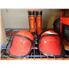 Image 1 : VIKING TIMBERWOLF SIZE 9 RUBBER SPIKED BOOTS AND 2 HARD HATS W/ BUILT IN EAR PROTECTION AND MESH VIS