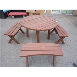 PAINTED WOOD PATIO TABLE W/ 3 BENCHES