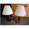 Image 1 : PAIR OF MODERN RED GLASS AND CHROME TABLE LAMPS WITH OUTLETS