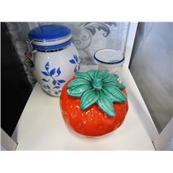 LARGE CERAMIC JAR W/ LID AND CERAMIC STRAWBERRY W/ LID AND SMALL PEDESTAL