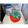 Image 1 : LARGE CERAMIC JAR W/ LID AND CERAMIC STRAWBERRY W/ LID AND SMALL PEDESTAL