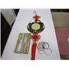 Image 1 : EASTERN WALL ART JADE LOOK, 4 FANS, AND CINNABAR ENAMEL AND BRASS BANGLES