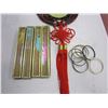 Image 3 : EASTERN WALL ART JADE LOOK, 4 FANS, AND CINNABAR ENAMEL AND BRASS BANGLES
