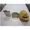 Image 1 : CLOCK, FLASK, AND WOODEN MASK