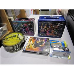VICTOR TIN, WII LUNCH TIN, POKEMON LUNCH TIN, AND HOTWHEELS CARS AND VIDEO GAMES