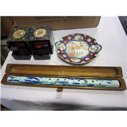 EASTERN FLUTE AS IS, LAQUER JEWELERY BOX AND PLATE