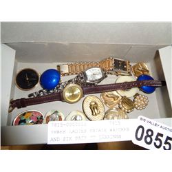 THREE LADIES ESTATE WATCHES AND SIX PAIR OF EARRINGS