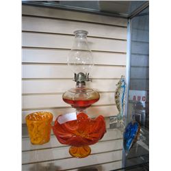 ART GLASS DOLPHIN, SEAHORSE, VASE, DISH, AND OIL LAMP