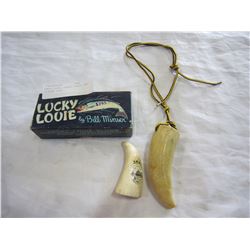 WHALE TOOTH, CARVED TOOTH, AND FISHING LURE