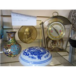 SCHATZ CARRIAGE CLOCK AND CLOISONNE VASE, BLUE AND WHITE JAR, AND CHINESE MEDALLION