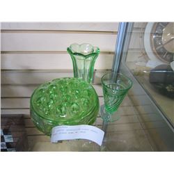 2 GREEN DEPRESSION GLASS VASES AND GLASS BOWL W/ FROG