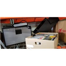 PLASTIC FILE DRAWER, ELECTRONICS, KEYBOARD, BOX MUSIC CDS, AND CD RACK