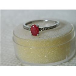 ***NEW*** RING - SOLITARE OVAL FACETTED RUBY WITH 2 SHOULDER DIAMONDS IN STERLING SILVER SETTING - S