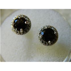 EARRINGS - ROUND FACETED BROWN SMOKEY TOPAZ & DIAMONDS IN STERLING SILVER SETTING - POST & BUTTERFLY